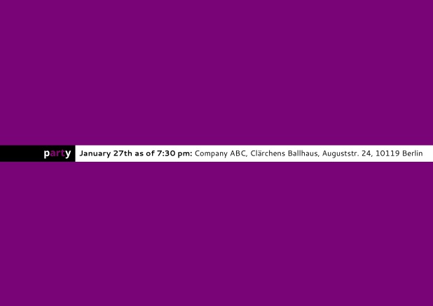 Minimalistic designed invitation card with semi-transparent party text. Purple.