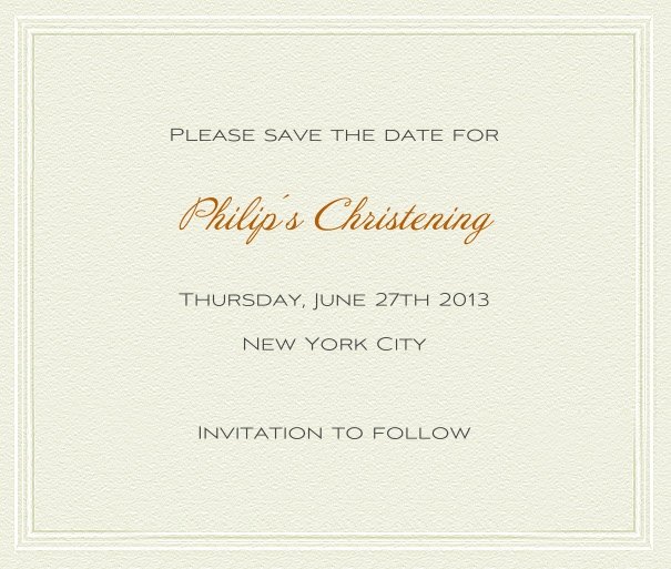 Paper Themed White Christening and Confirmation Save the Date card with thin border and green text.