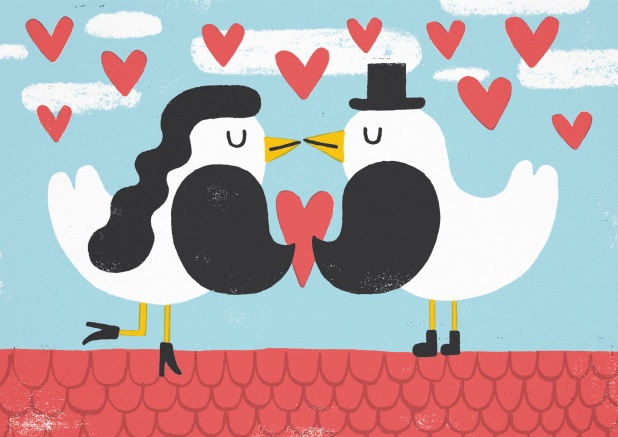 Invitation card with two love birds and hearts.