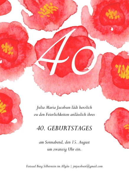 Online Einladung mit großen, roten Blumen oben zum 40. Geburtstag.