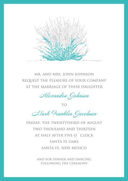 Online Wedding or summer invitation card with turquoise-grey coral and turquoise frame.