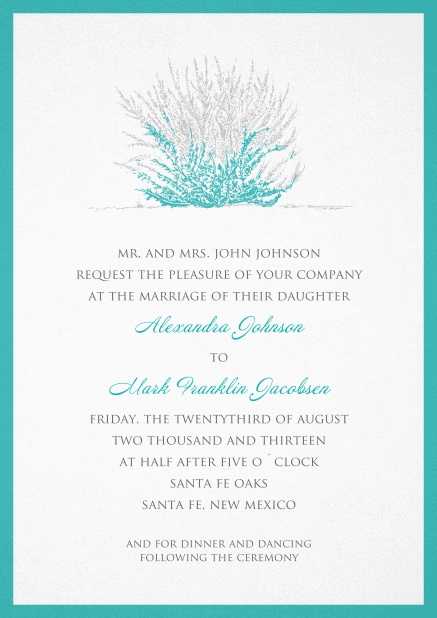 Wedding or summer invitation card with turquoise-grey coral and turquoise frame.