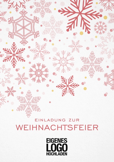Einladungskarte zur Weihnachtsfeier mit Schneeflocken in auswählbaren Farben. Rot.