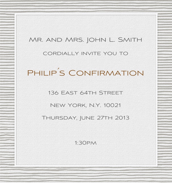 Grey Online Invitation for Christening and Confirmation with grey striped frame.