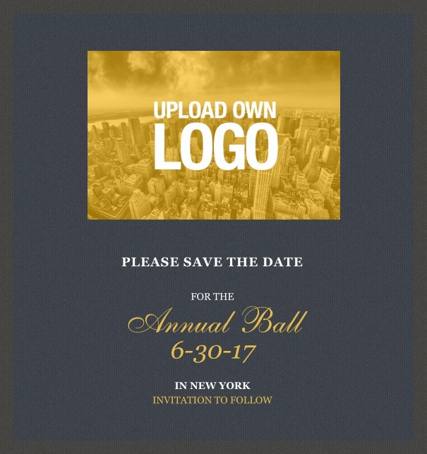 Online Save the Date template for corporate events and annual ball with dark background and squared text box to upload own logo.