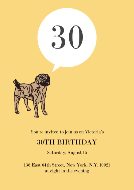 Online birthday invitation with pug barking the 30.