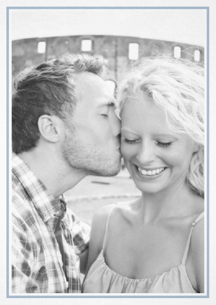Classic Wedding save the date card in portrait with photo and fein lined frame in choosable colors. Blue.