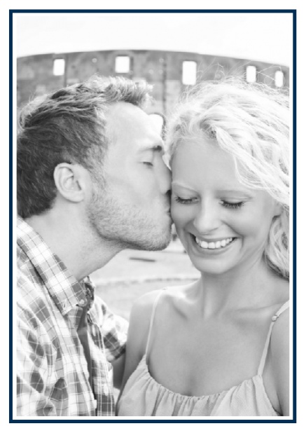 Online Classic Wedding save the date card in portrait with photo and fein lined frame in choosable colors. Navy.