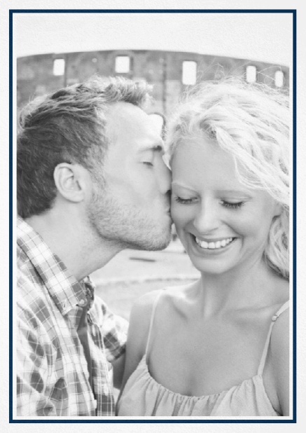 Classic Wedding save the date card in portrait with photo and fein lined frame in choosable colors. Navy.