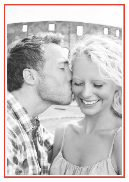 Online Classic Wedding save the date card in portrait with photo and fein lined frame in choosable colors. Red.
