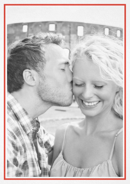 Classic Wedding save the date card in portrait with photo and fein lined frame in choosable colors. Red.