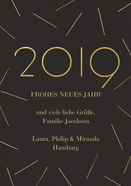 Online Einladungskarte zur Neujahrsparty 2019 auf schwarzem Hintergrund mit golenden Elementen