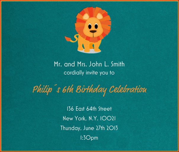 Turquoise Kids' Birthday Party Invitation Card with Cartoon Lion.