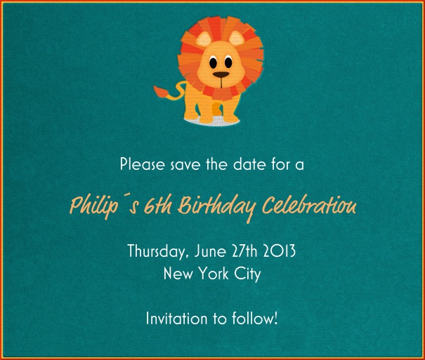 Turquoise Kids' Birthday Party Save the Date Design with Lion theme.
