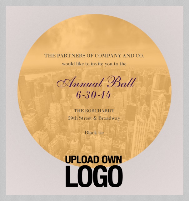 Light corporate invitation Online with round image frame and own logo.