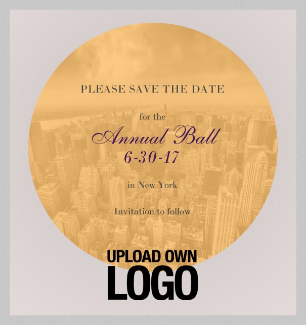 Online Save the Date template for corporate events and annual ball with violet background and text box in a circle with space on the bottom to upload own logo.