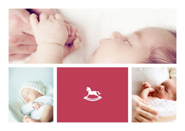 Online Geburtskarte mit Fotofeldern und Schaukelpferd und 2. Seite für editierbaren Text. Rot.