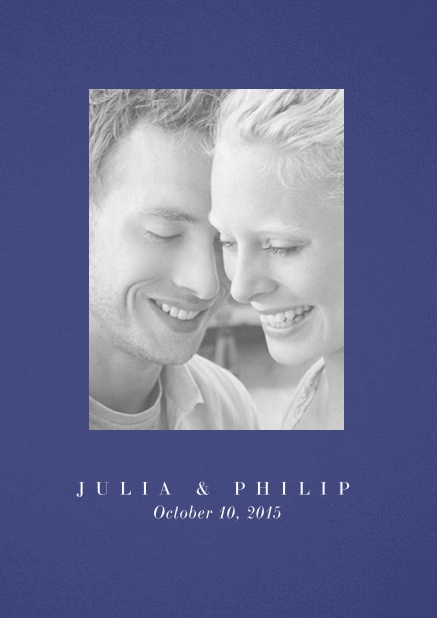 Wedding invitation card with one large photo box and text on the front page of a four paged design. Blue.