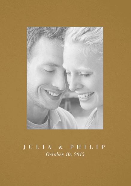 Wedding invitation card with one large photo box and text on the front page of a four paged design. Gold.