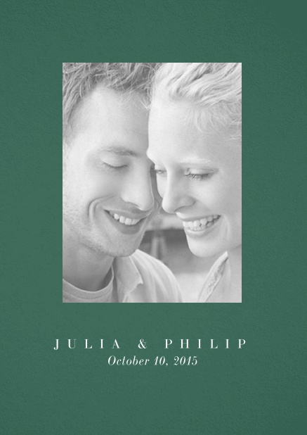 Wedding invitation card with one large photo box and text on the front page of a four paged design. Green.