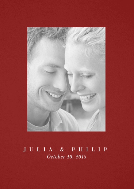 Wedding invitation card with one large photo box and text on the front page of a four paged design. Red.