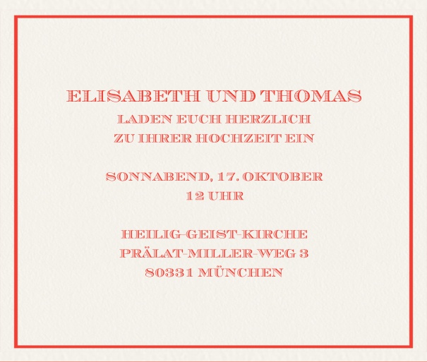 Klassische Online Einladungskarte in Querformat mit feinem Rahmen. Rot.