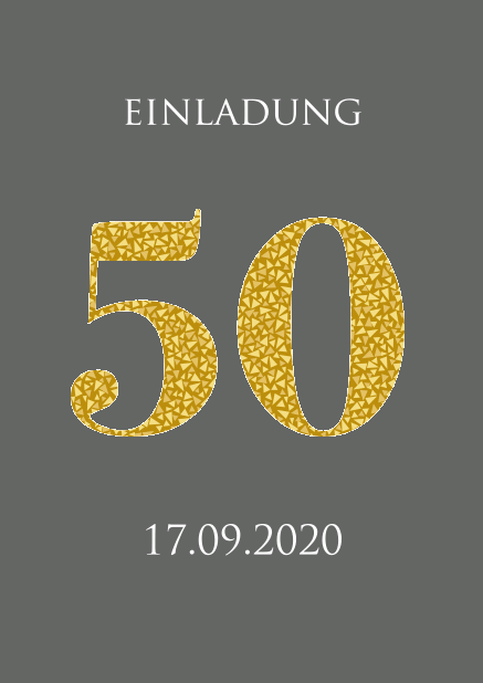 Einladungskarte zum 50. Jubiläum mit großer animierenden Zahl 50 aus goldenen Mosaiksteinen. Grau.