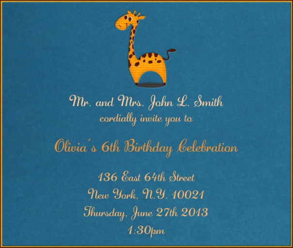 Aqua Kids' Birthday Party Invitation Card with Cartoon Giraffe.