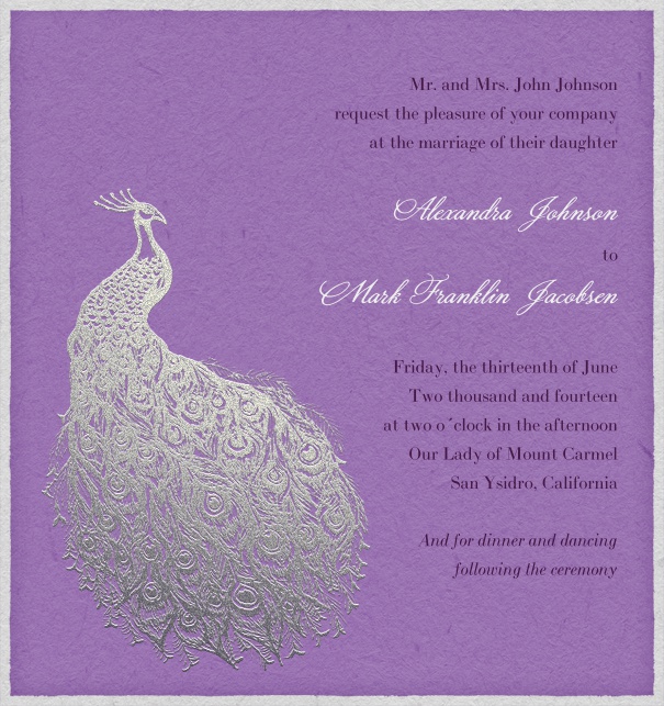 Purple Wedding Invitation with peacock.