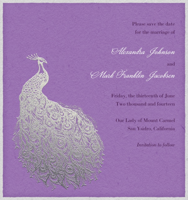 Purple Online Save the Date Card with peacock.