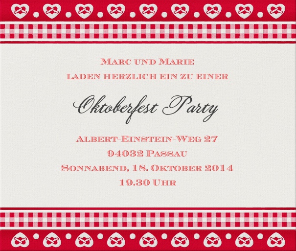 Online Einladungskarte mit rotem Tischdeckenmuster und Brezeln.