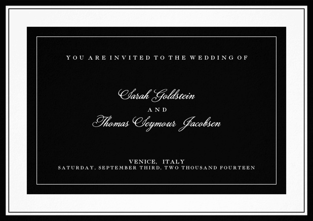 Classic wedding invitation template with frame and colorful text field. Black.