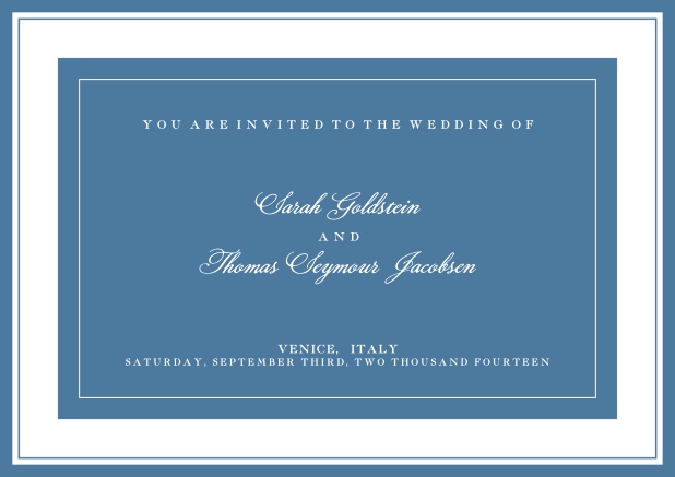 Online classic invitation card with green text field and border. Blue.