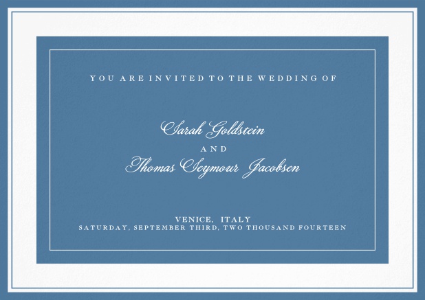 Classic wedding invitation template with frame and colorful text field. Blue.