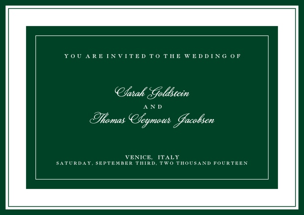 Online classic invitation card with green text field and border. Green.