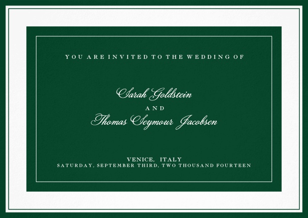 Classic wedding invitation template with frame and colorful text field. Green.