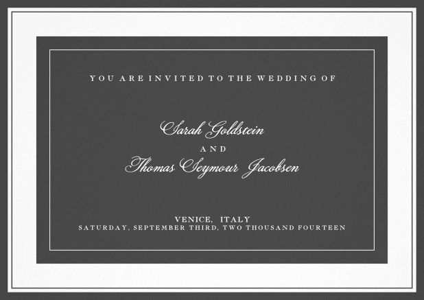 Classic wedding invitation template with frame and colorful text field. Grey.