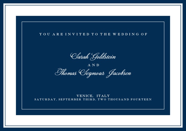 Online classic invitation card with green text field and border. Navy.