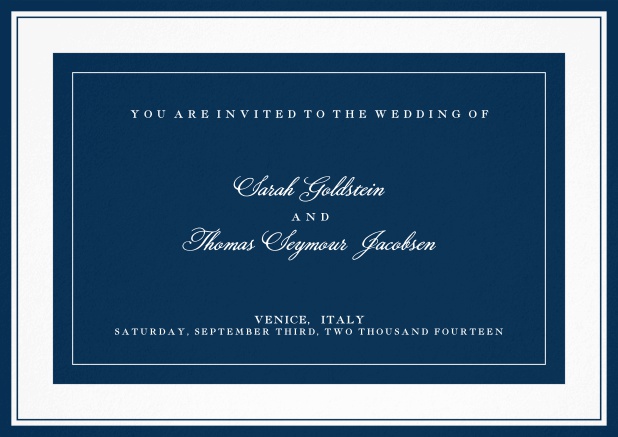 Classic wedding invitation template with frame and colorful text field. Navy.