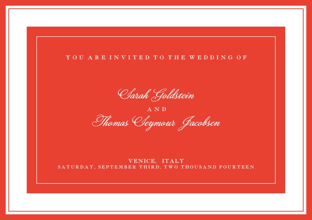 Online classic invitation card with green text field and border. Red.