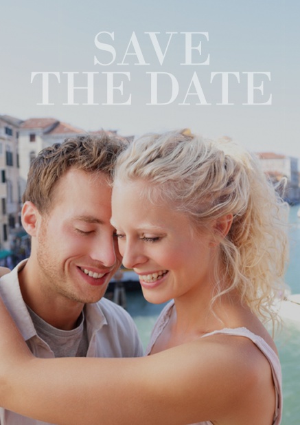 Wedding save the date photo card with large photo and editable text. Blue.