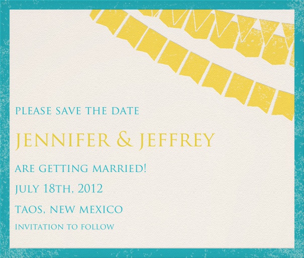 Save the Date Card with blue border and yellow streamer.