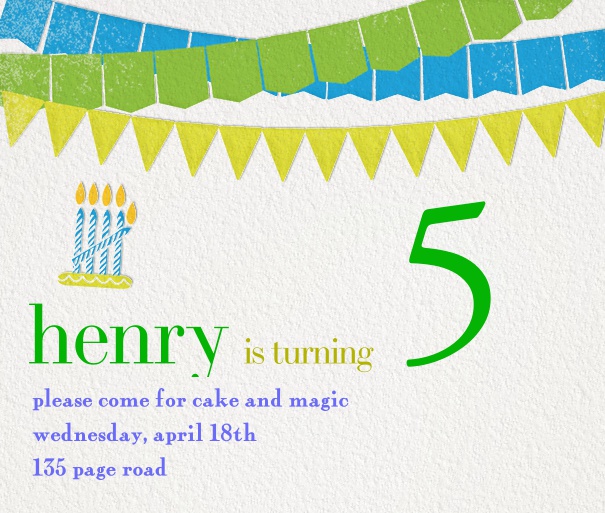 White Children`s Birthday Party Invitation with paper streamers and candles.