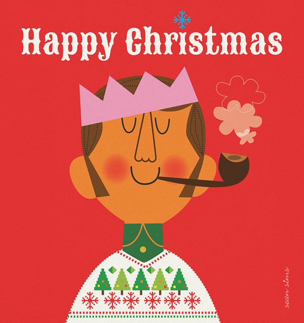 Online Christmas Card with Kind smoking a pipe and Happy Christmas text.