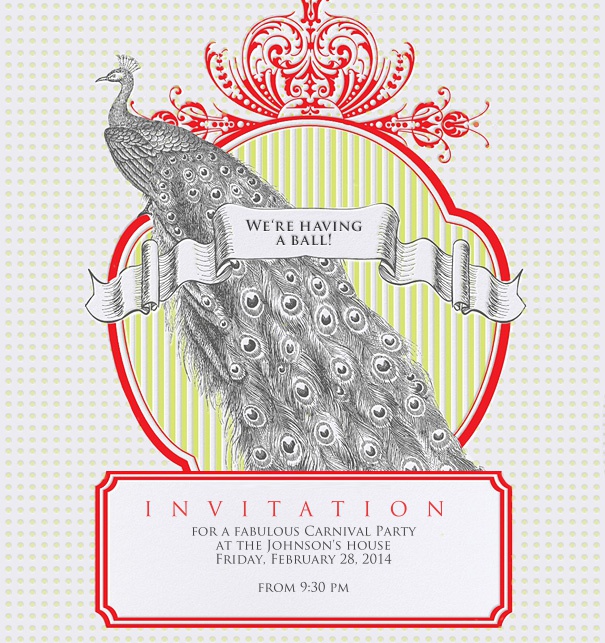 Formal Invitation designed with a peacock crown and red border.