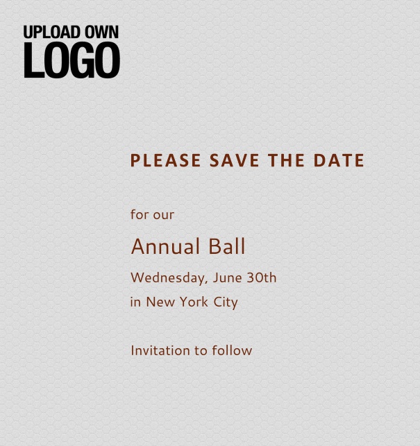 Rectangular grey online Save the Date template for corporate events and annual ball with red text, space to upload own logo on top left and event details box.