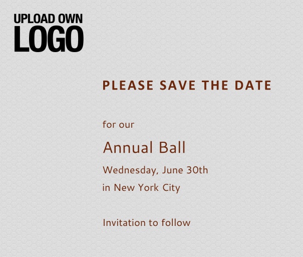 Squared grey online Save the Date template for corporate events and annual ball with red text, space to upload own logo on top left and event details box.