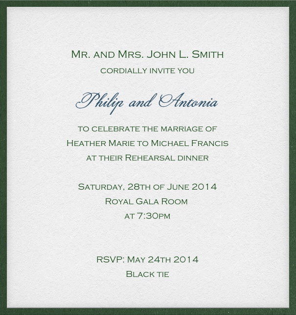 White, rectangular, elegant Invitation Card with green frame and space for recipient name.