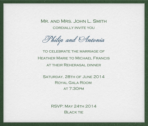 Classic, white, formal Invitation Card with green frame and space for recipients' names.