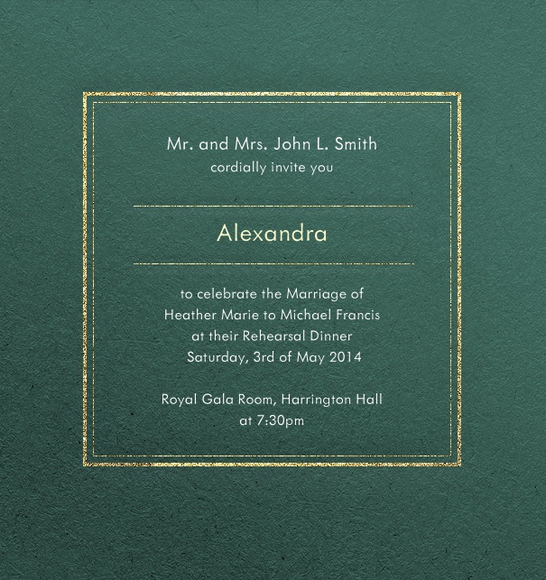 Green, formal party invitation card with recipient name and gold border.